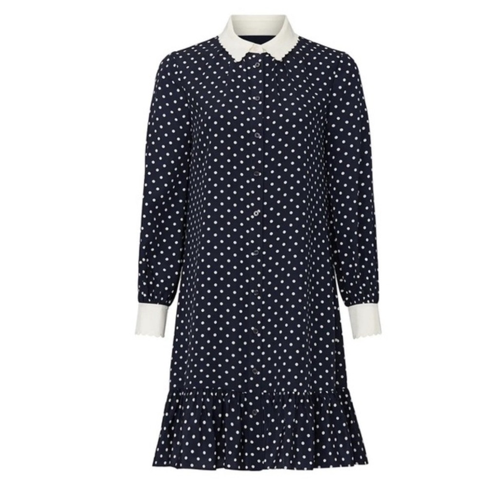 Tory Burch Cora Silk Dress 6 Button Up Preppy Classic Navy Polka Dot New $498